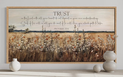 Bible Verse Wall Art - Trust In The Lord Proverbs 3:5 Scripture Canvas with Wildflower Field