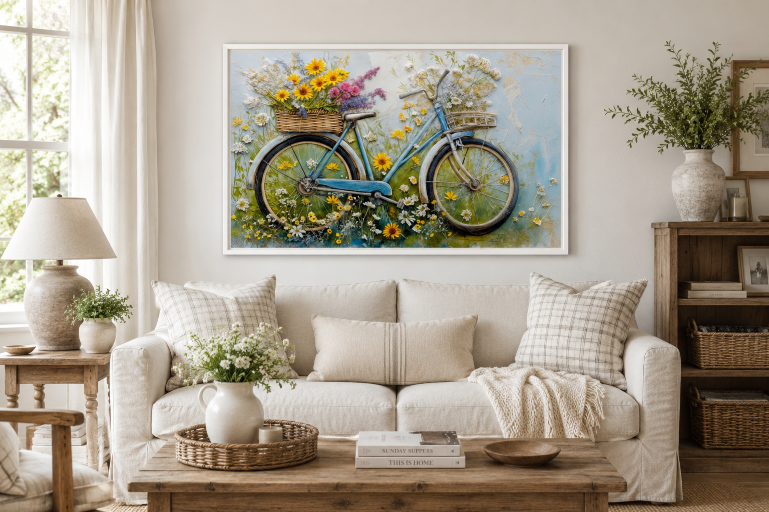 Floral Bicycle Rustic Farmhouse Framed Canvas Wall Art For Cute Kitchen Decor