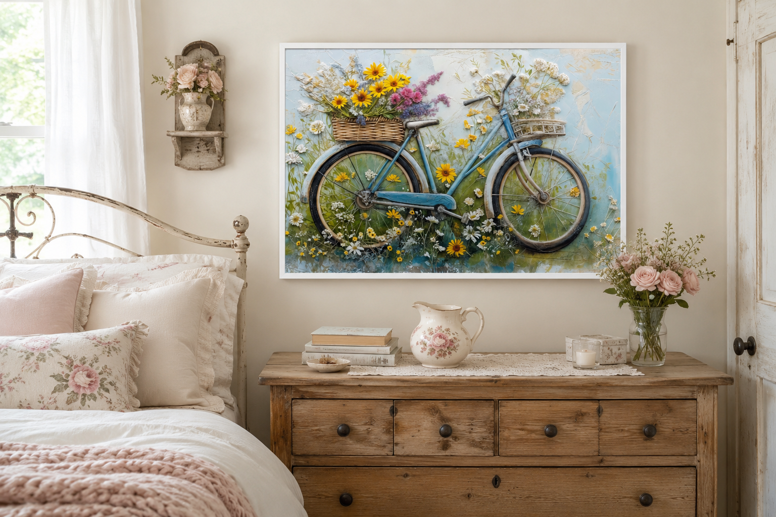 Floral Bicycle Rustic Farmhouse Framed Canvas Wall Art For Cute Kitchen Decor