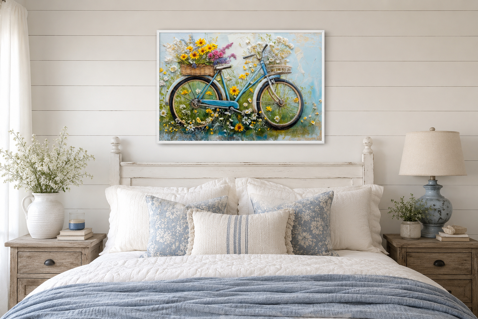 Floral Bicycle Rustic Farmhouse Framed Canvas Wall Art For Cute Kitchen Decor