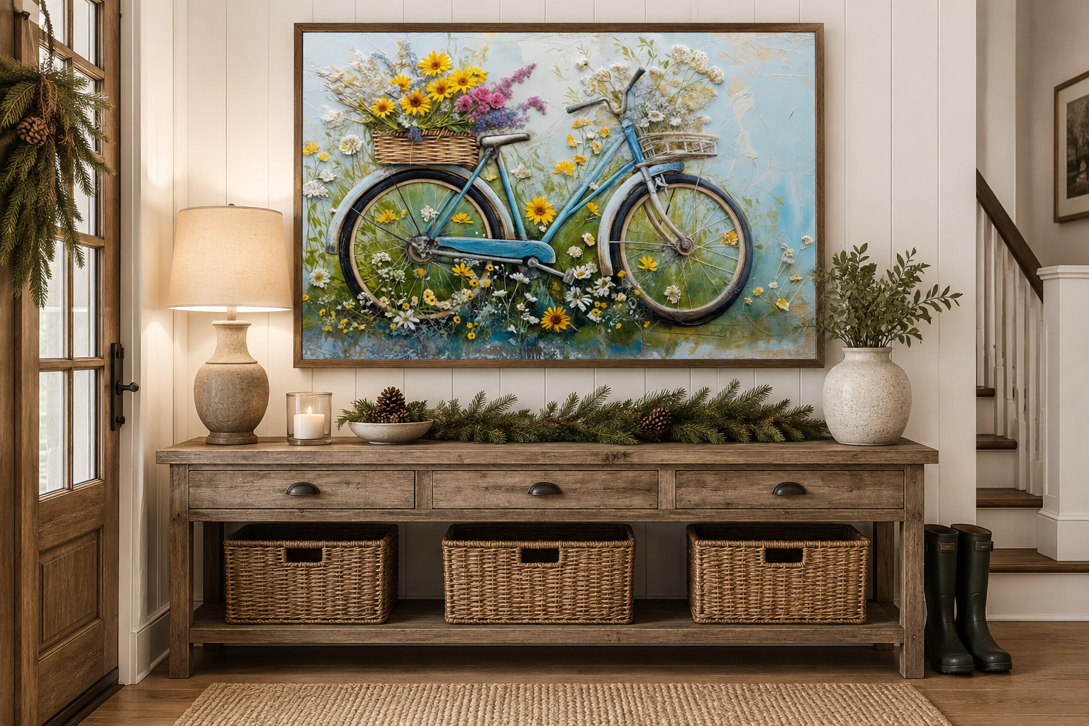 Floral Bicycle Rustic Farmhouse Framed Canvas Wall Art For Cute Kitchen Decor