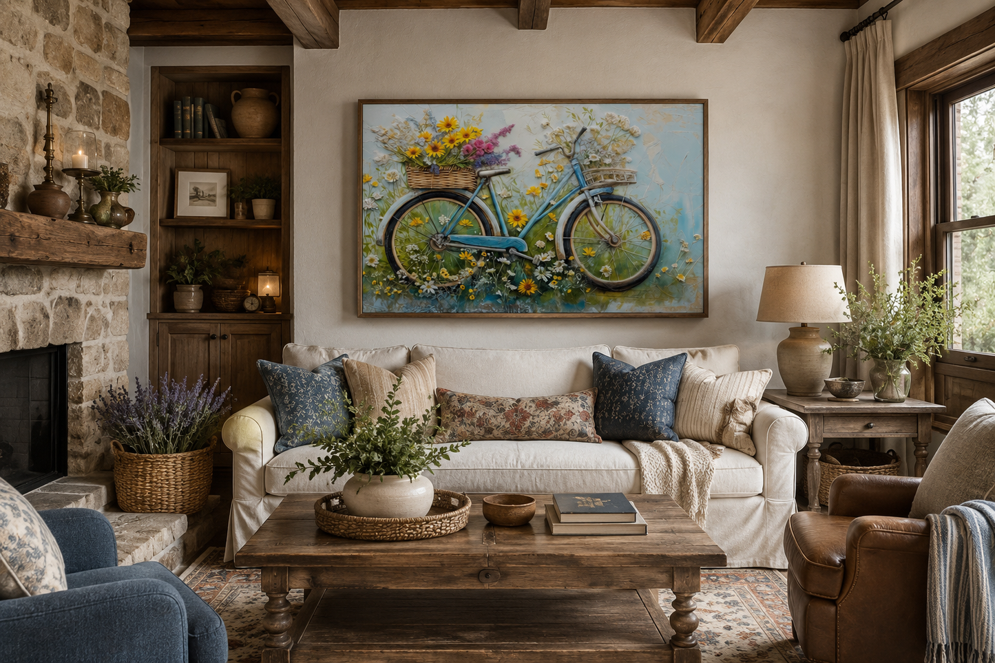 Floral Bicycle Rustic Farmhouse Framed Canvas Wall Art For Cute Kitchen Decor