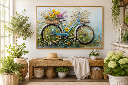 Floral Bicycle Rustic Farmhouse Framed Canvas Wall Art For Cute Kitchen Decor