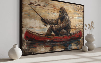 Bigfoot In Canoe Rustic Framed Canvas Wall Art For Cabin Or Man Cave Decor