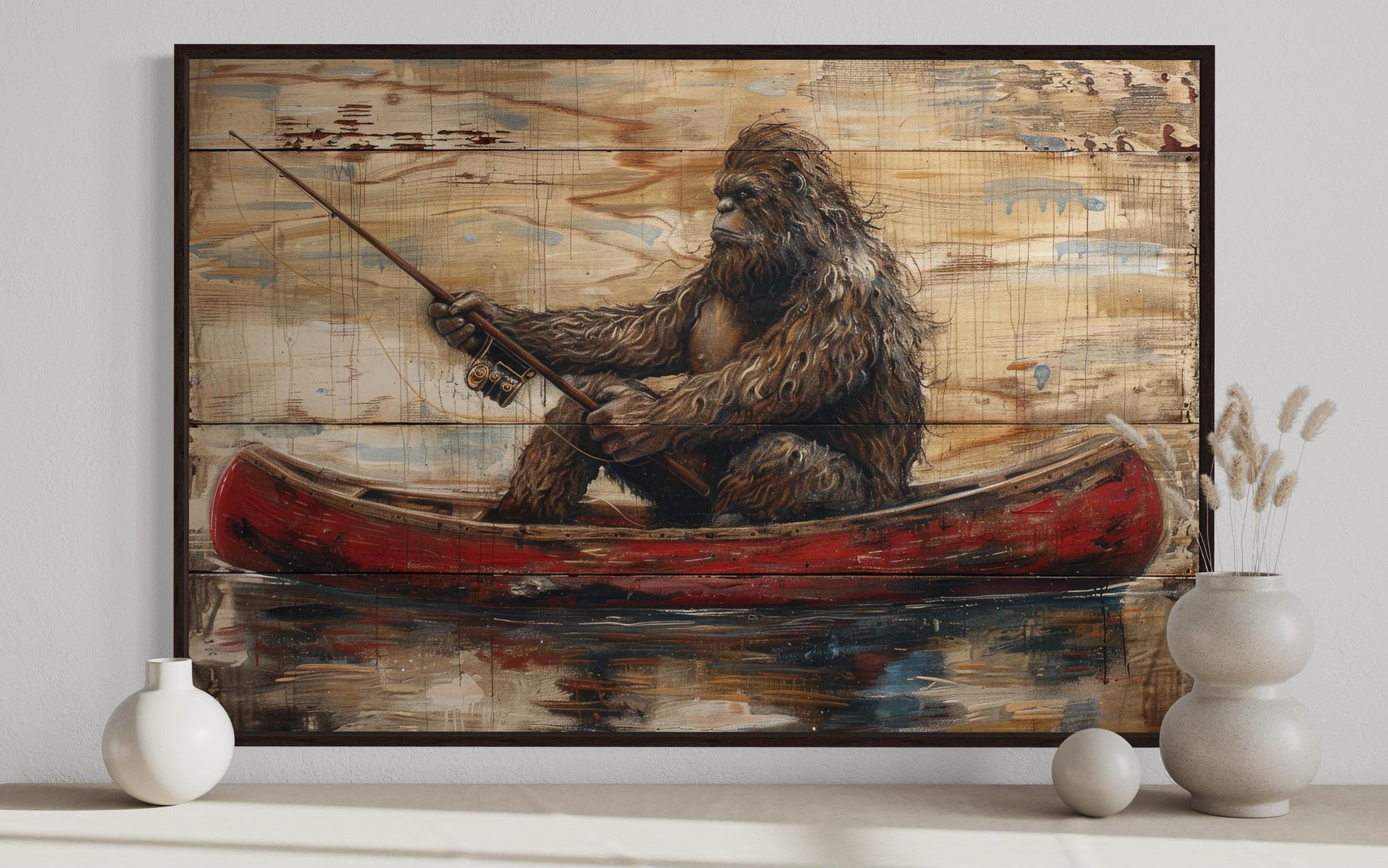 Bigfoot In Canoe Rustic Framed Canvas Wall Art For Cabin Or Man Cave Decor