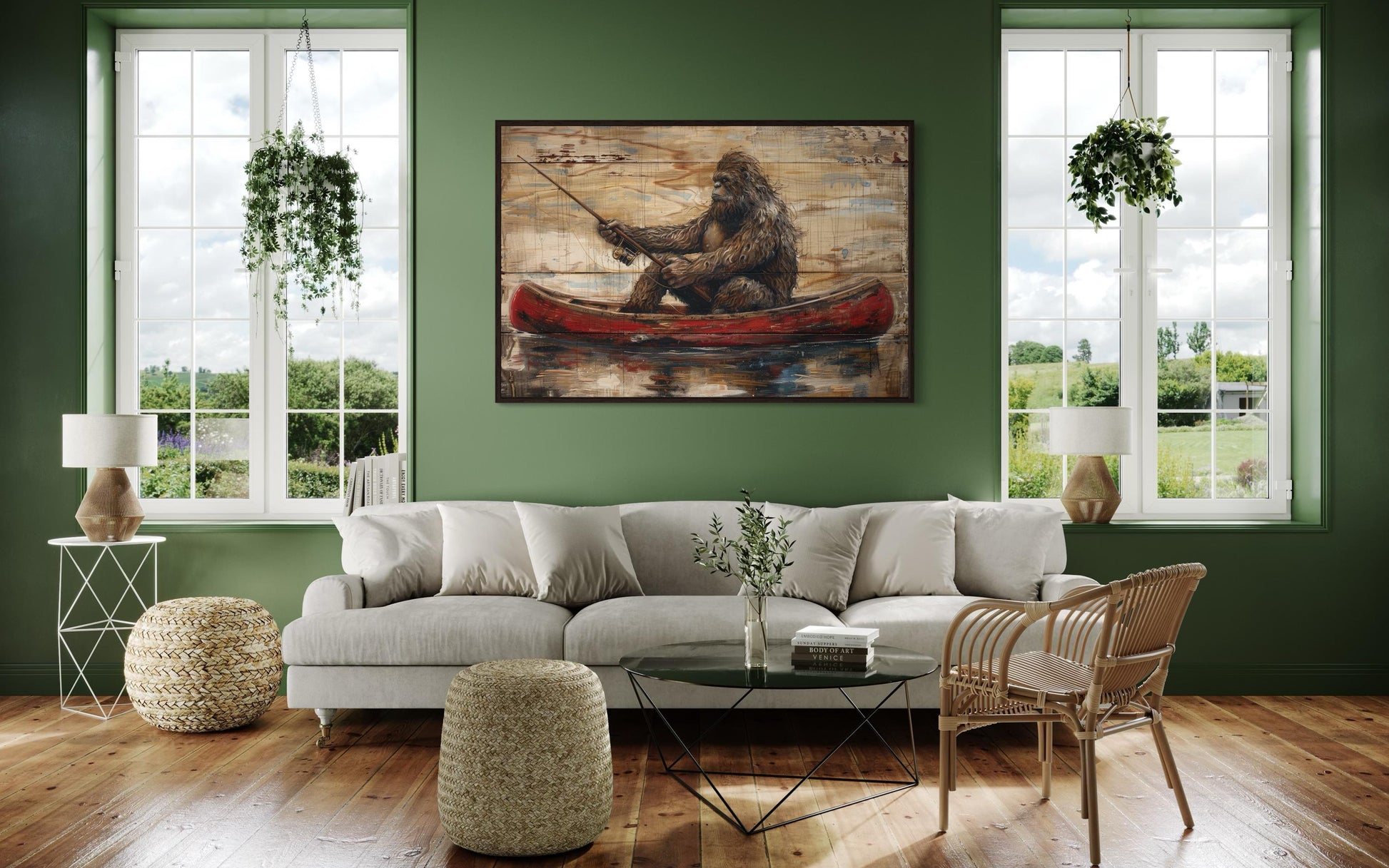 Bigfoot In Canoe Rustic Framed Canvas Wall Art For Cabin Or Man Cave Decor