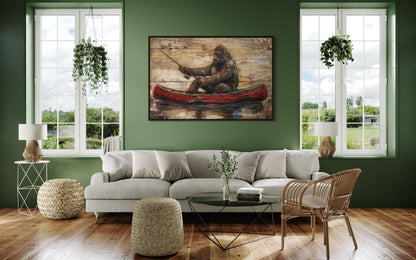 Bigfoot In Canoe Rustic Framed Canvas Wall Art For Cabin Or Man Cave Decor
