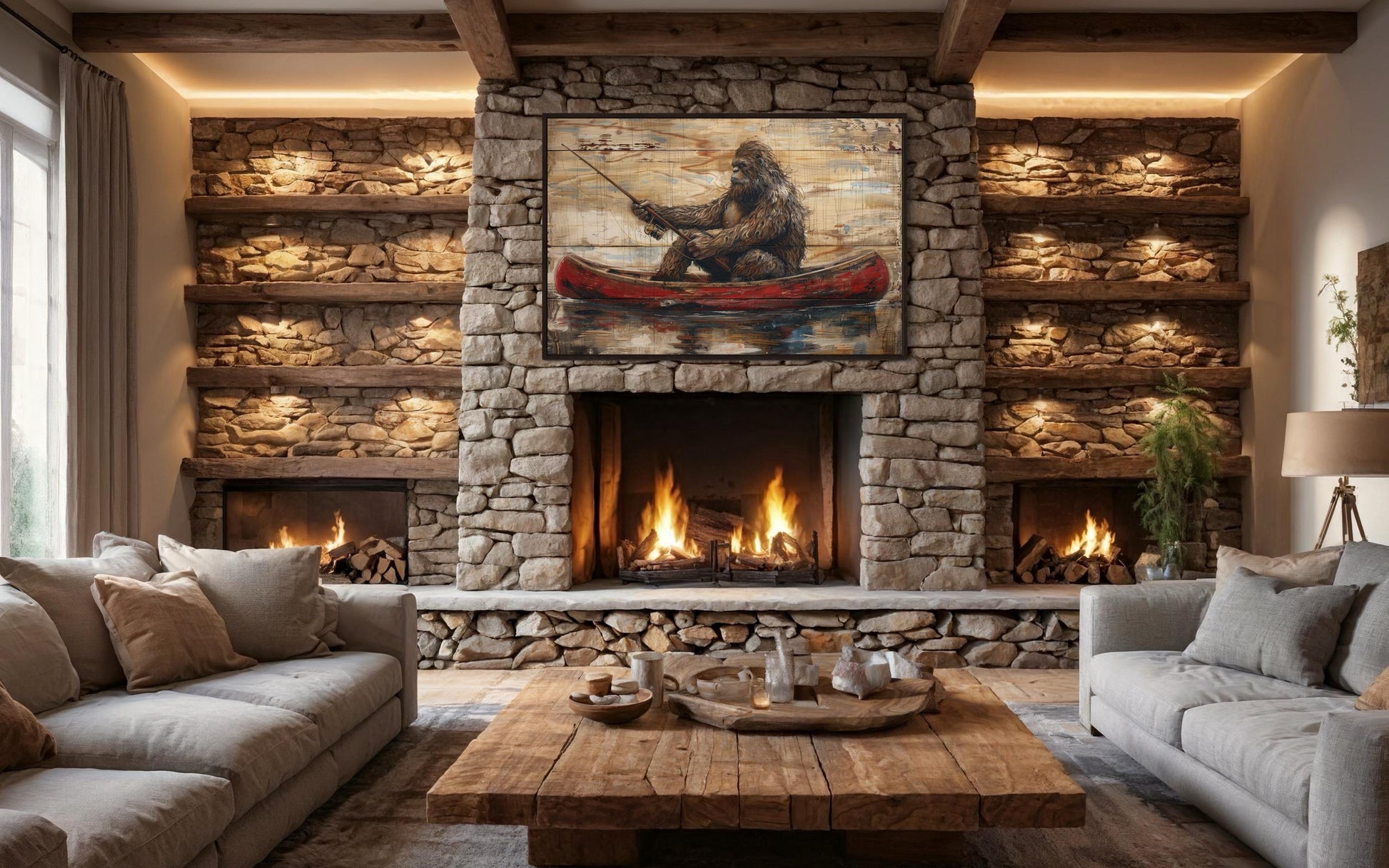 Bigfoot In Canoe Rustic Framed Canvas Wall Art For Cabin Or Man Cave Decor