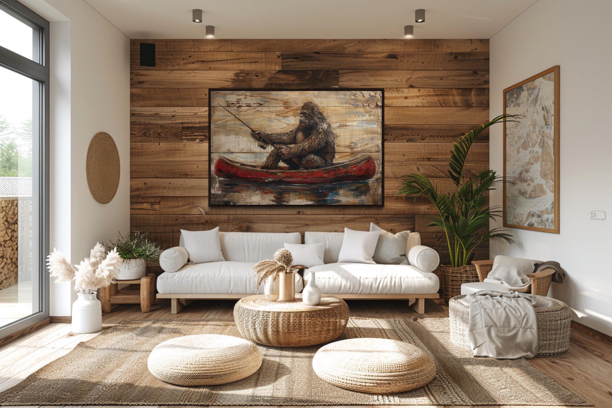 Bigfoot In Canoe Rustic Framed Canvas Wall Art For Cabin Or Man Cave Decor