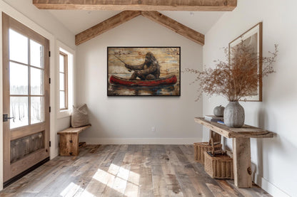Bigfoot In Canoe Rustic Framed Canvas Wall Art For Cabin Or Man Cave Decor