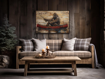 Bigfoot In Canoe Rustic Framed Canvas Wall Art For Cabin Or Man Cave Decor