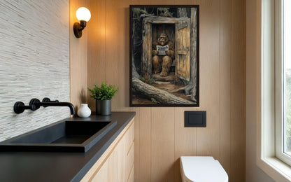 Bigfoot In Outhouse Toilet In The Forest Reading Newspaper Canvas Wall Art