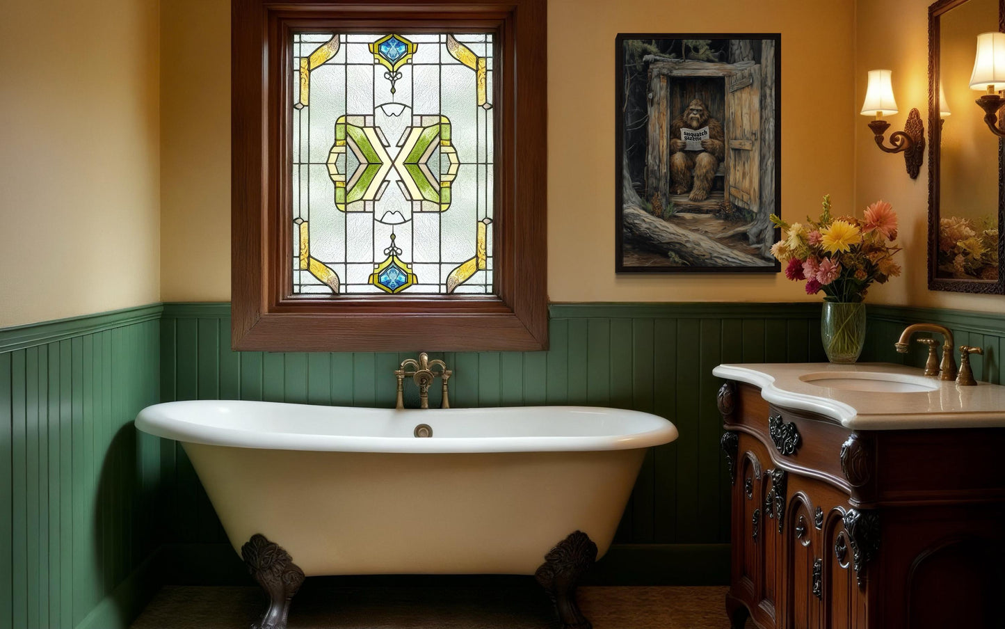 Bigfoot In Outhouse Toilet In The Forest Reading Newspaper Canvas Wall Art