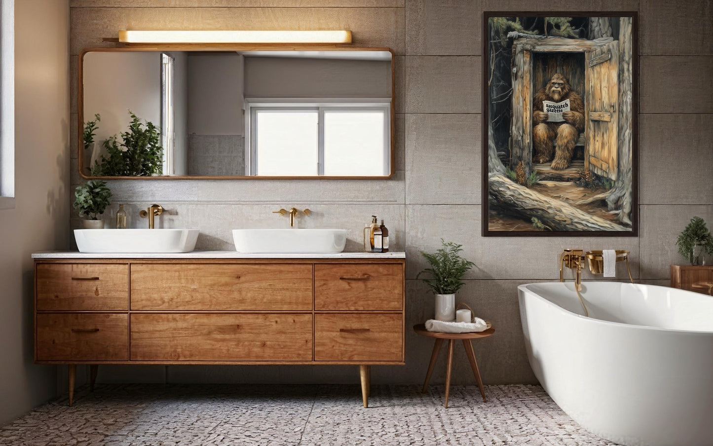 Bigfoot In Outhouse Toilet In The Forest Reading Newspaper Canvas Wall Art