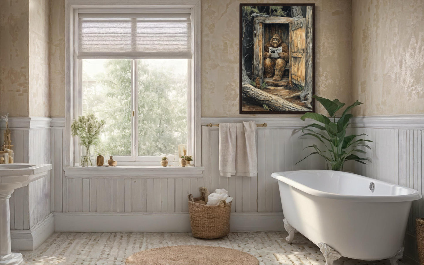 Bigfoot In Outhouse Toilet In The Forest Reading Newspaper Canvas Wall Art