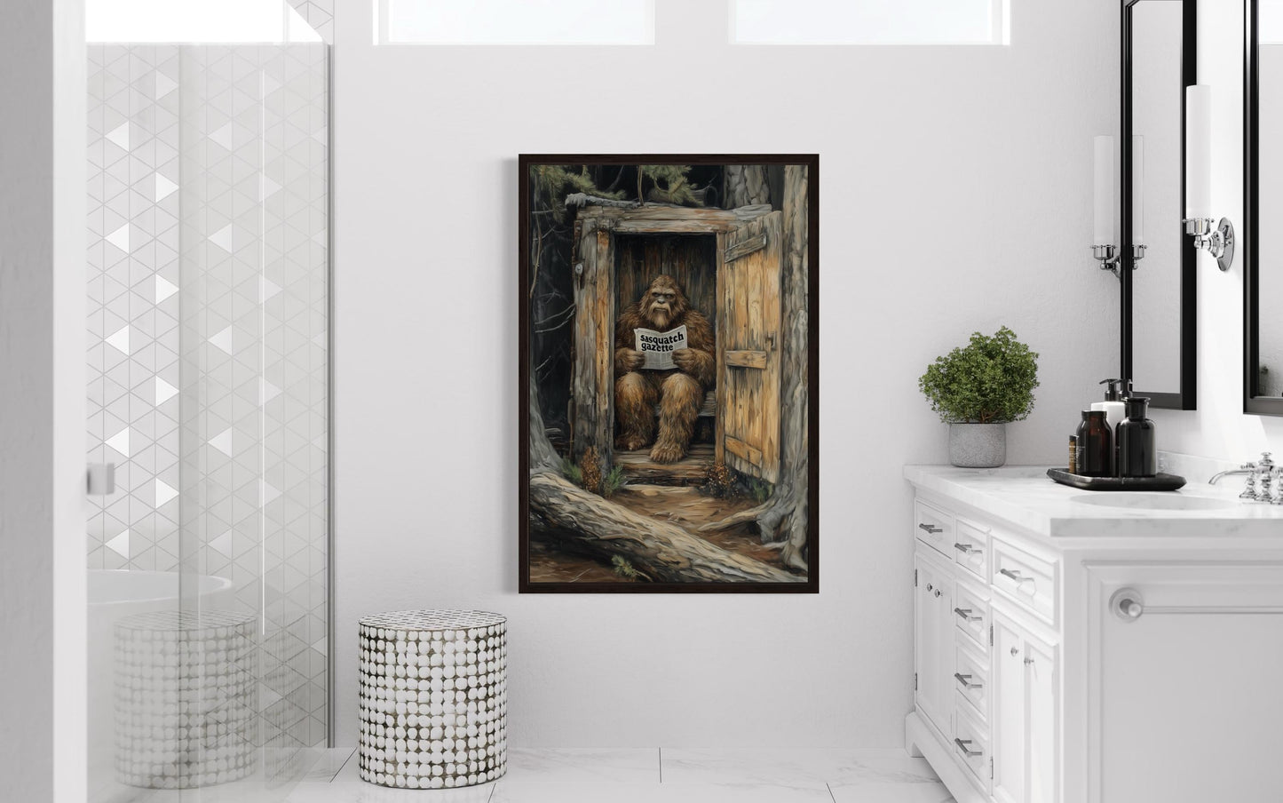 Bigfoot In Outhouse Toilet In The Forest Reading Newspaper Canvas Wall Art