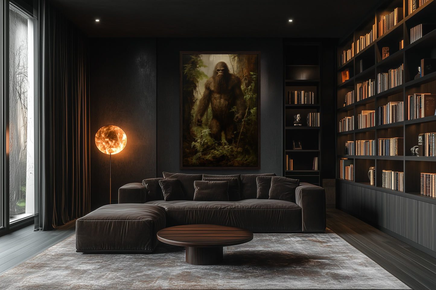 Bigfoot In The Forest Framed Canvas Wall Art For Man Cave Or Cabin Decor