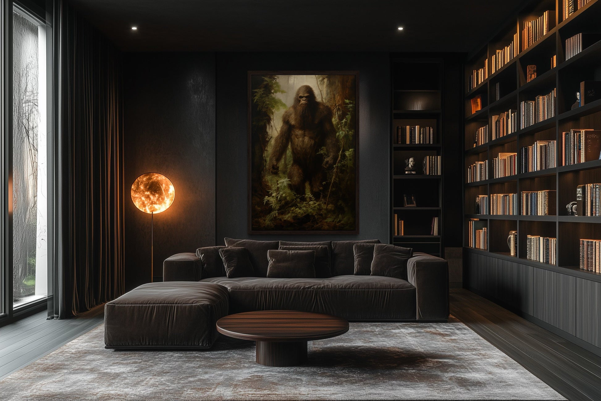 Bigfoot In The Forest Framed Canvas Wall Art For Man Cave Or Cabin Decor