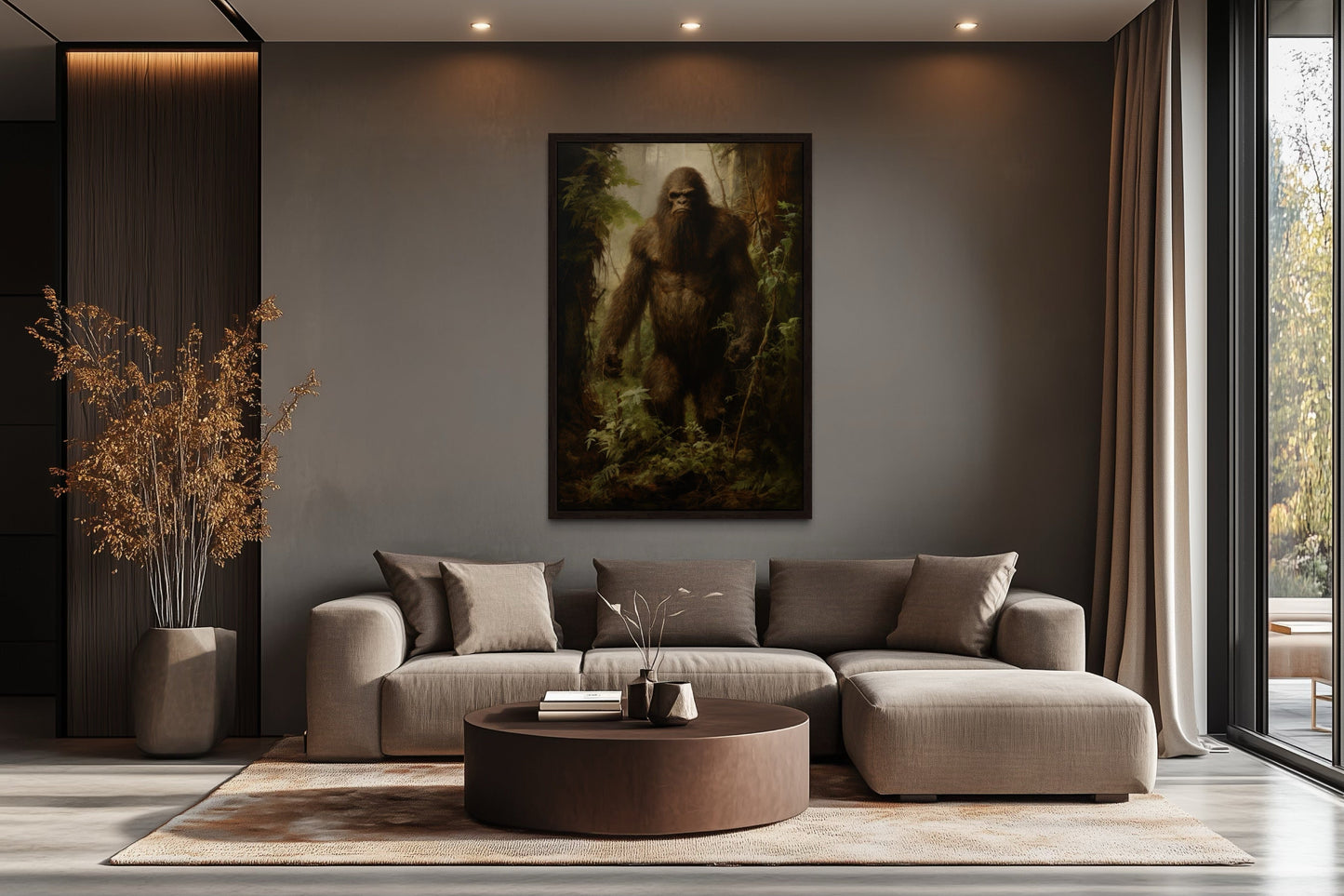 Bigfoot In The Forest Framed Canvas Wall Art For Man Cave Or Cabin Decor