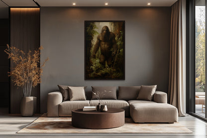 Bigfoot In The Forest Framed Canvas Wall Art For Man Cave Or Cabin Decor