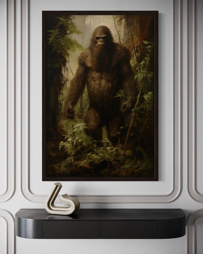 Bigfoot In The Forest Framed Canvas Wall Art For Man Cave Or Cabin Decor
