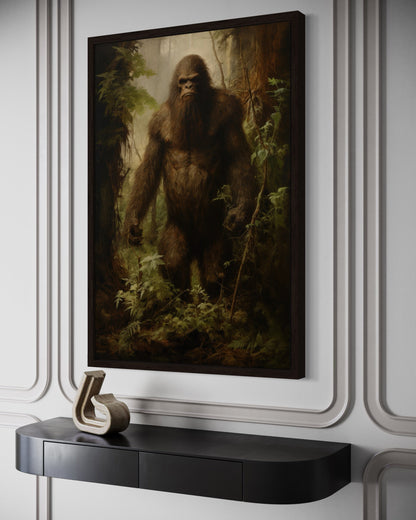 Bigfoot In The Forest Framed Canvas Wall Art For Man Cave Or Cabin Decor
