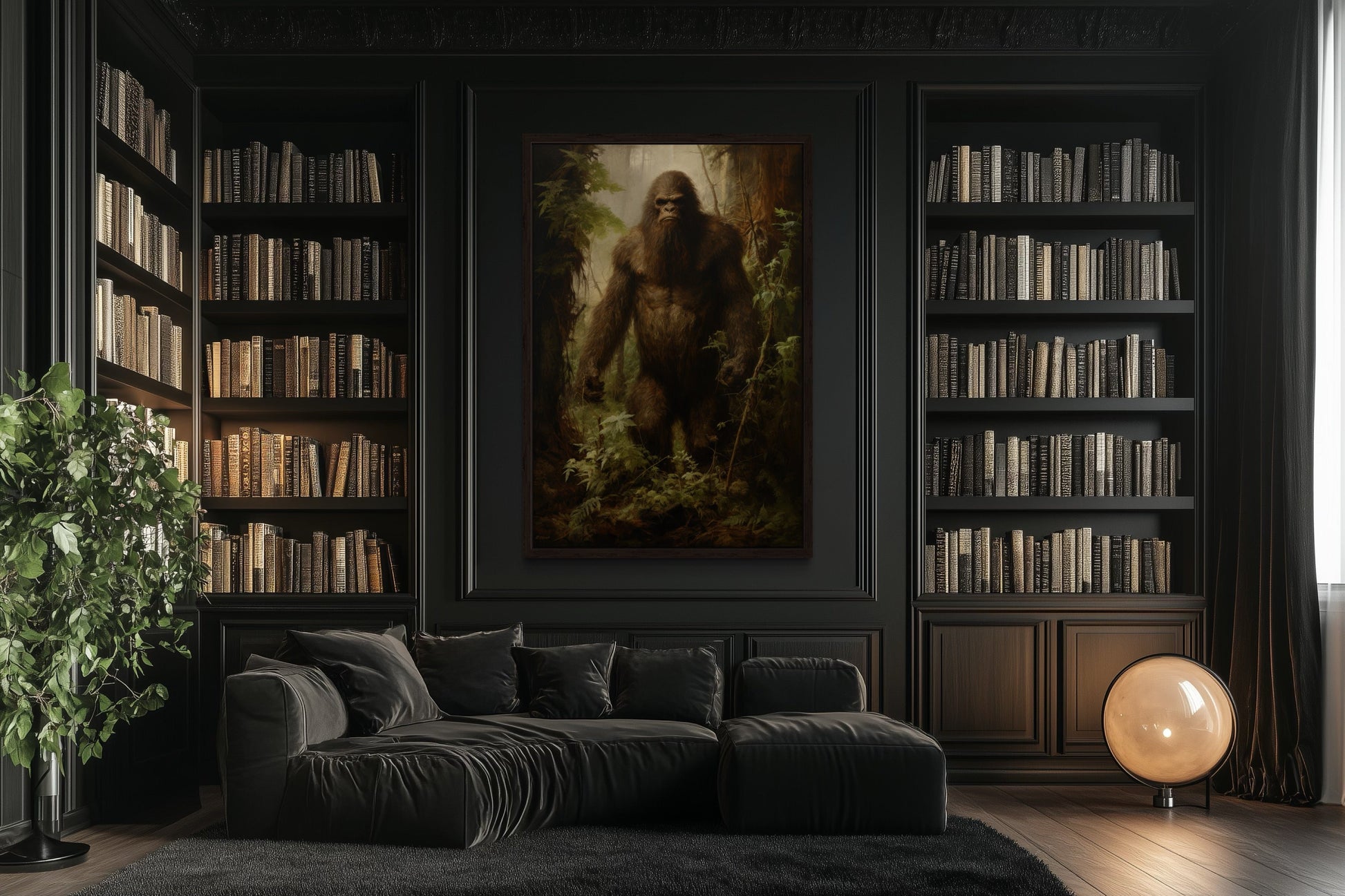Bigfoot In The Forest Framed Canvas Wall Art For Man Cave Or Cabin Decor
