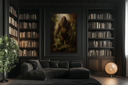 Bigfoot In The Forest Framed Canvas Wall Art For Man Cave Or Cabin Decor