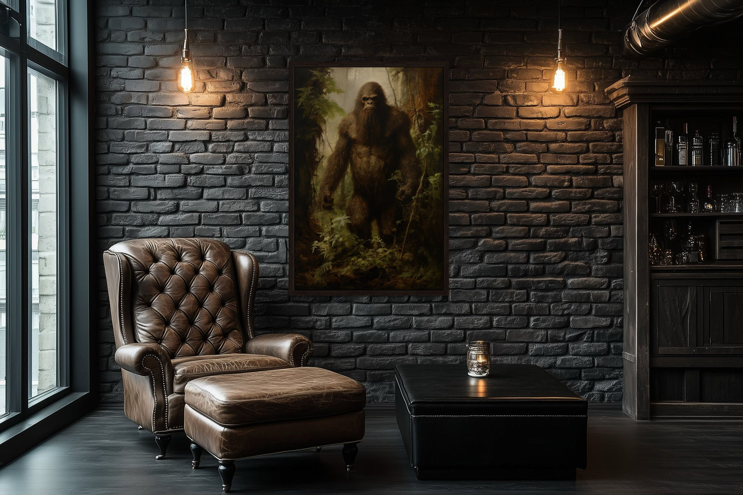 Bigfoot In The Forest Framed Canvas Wall Art For Man Cave Or Cabin Decor