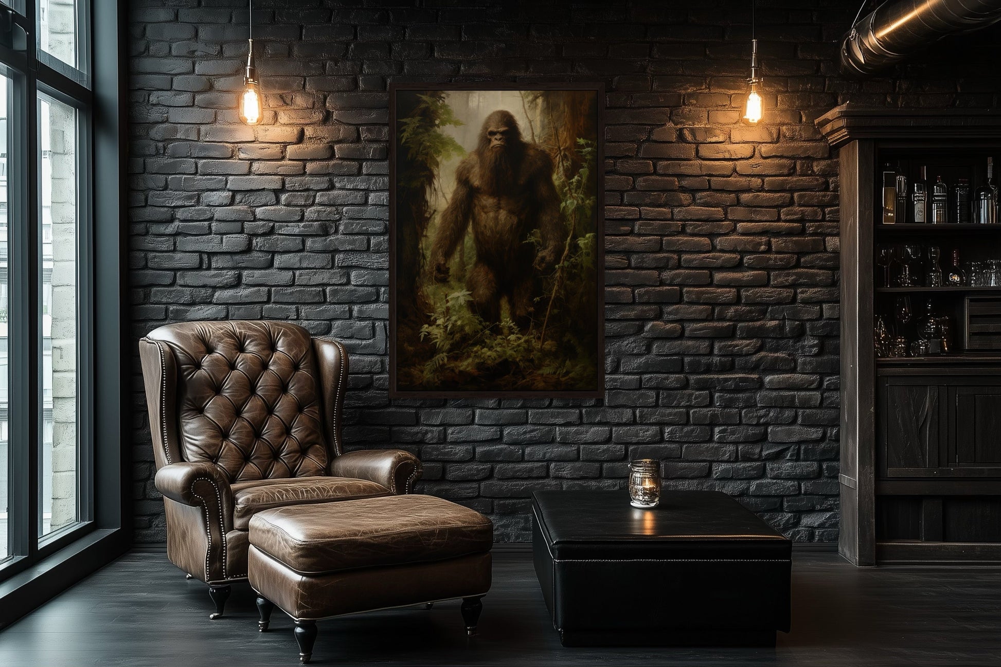 Bigfoot In The Forest Framed Canvas Wall Art For Man Cave Or Cabin Decor