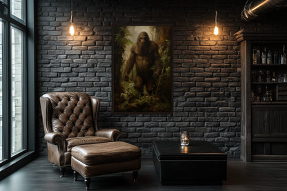 Bigfoot In The Forest Framed Canvas Wall Art For Man Cave Or Cabin Decor