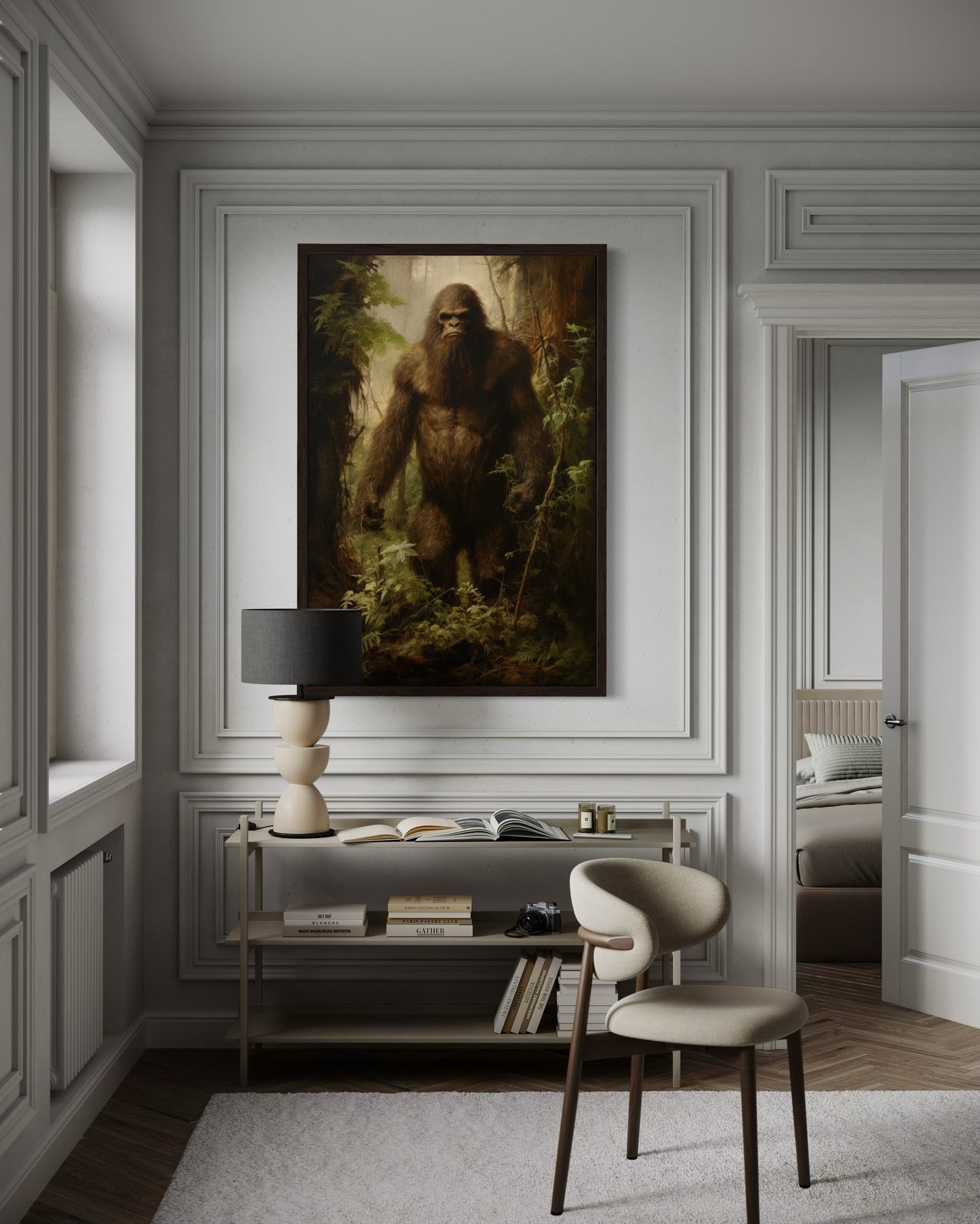 Bigfoot In The Forest Framed Canvas Wall Art For Man Cave Or Cabin Decor