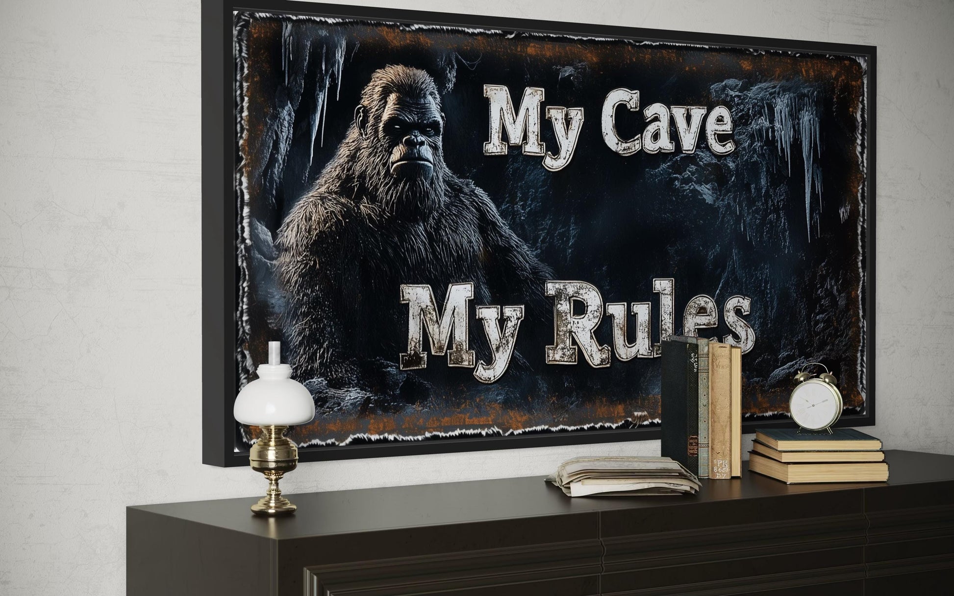 Bigfoot Man Cave Wall Art - My Cave My Rules Canvas Print