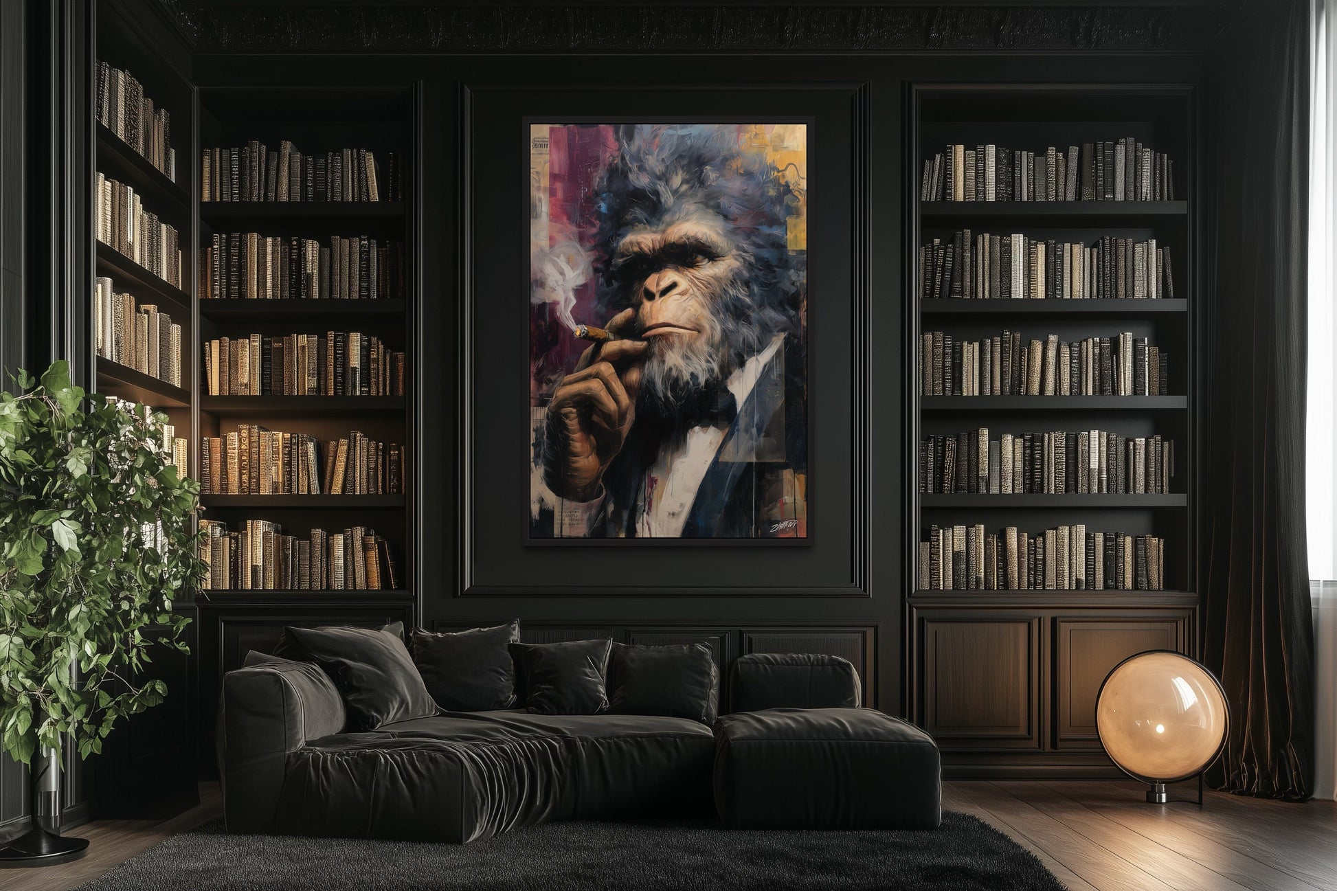 Bigfoot Smoking Cigar Framed Canvas Wall Art For Mens Office or Cigar Room
