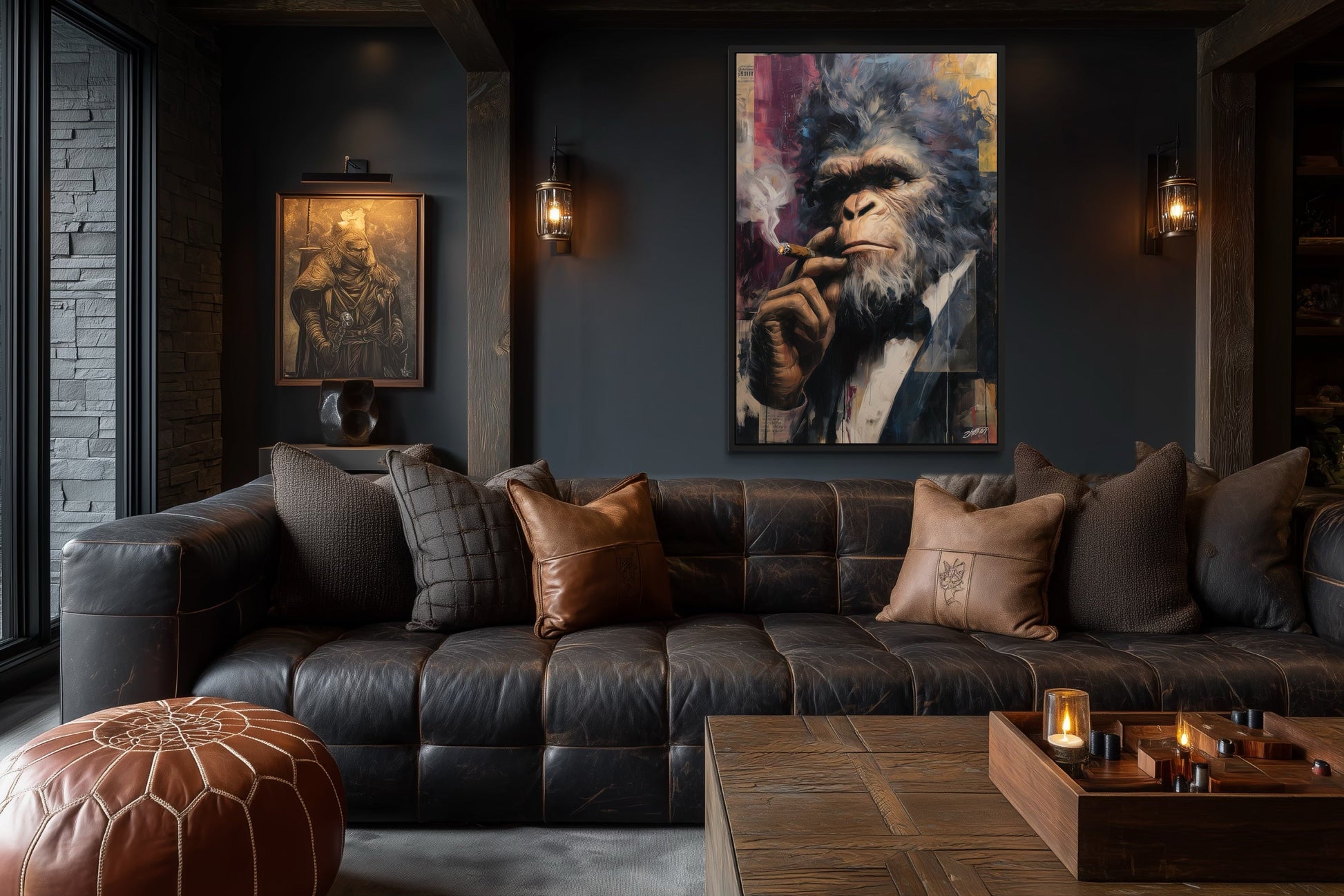Bigfoot Smoking Cigar Framed Canvas Wall Art For Mens Office or Cigar Room