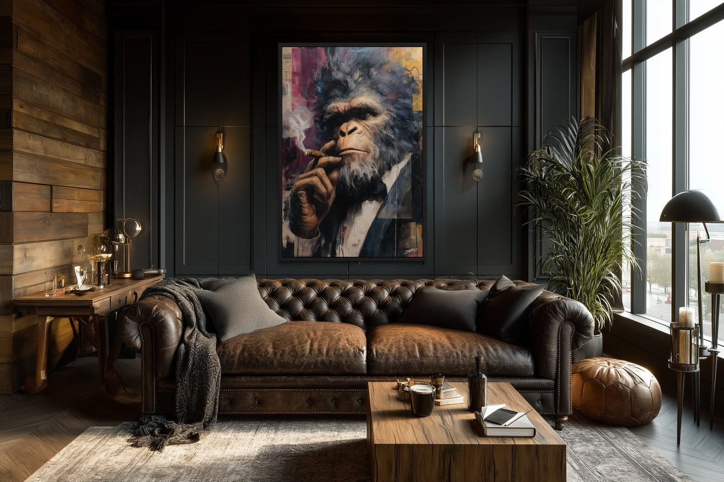 Bigfoot Smoking Cigar Framed Canvas Wall Art For Mens Office or Cigar Room