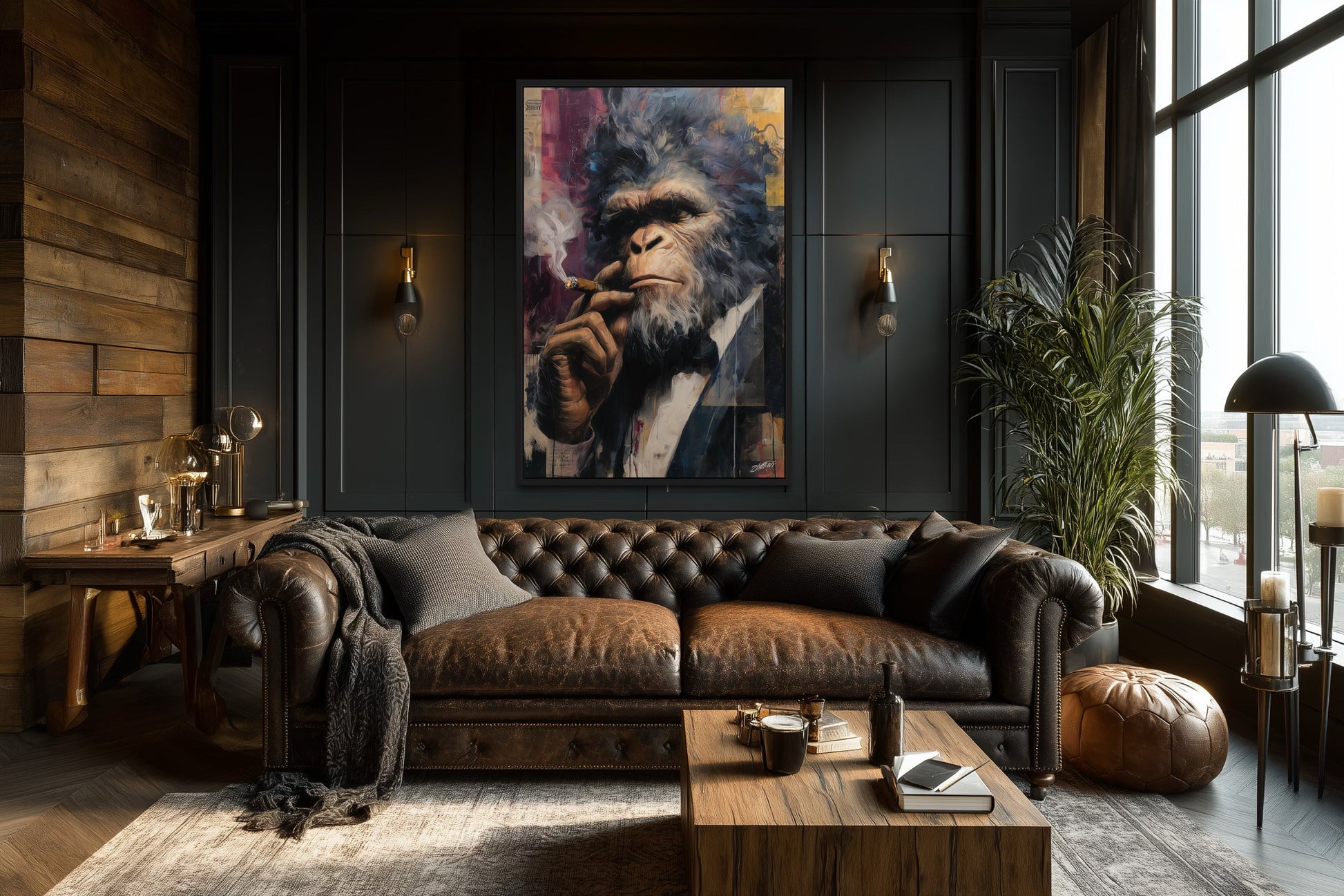 Bigfoot Smoking Cigar Framed Canvas Wall Art For Mens Office or Cigar Room