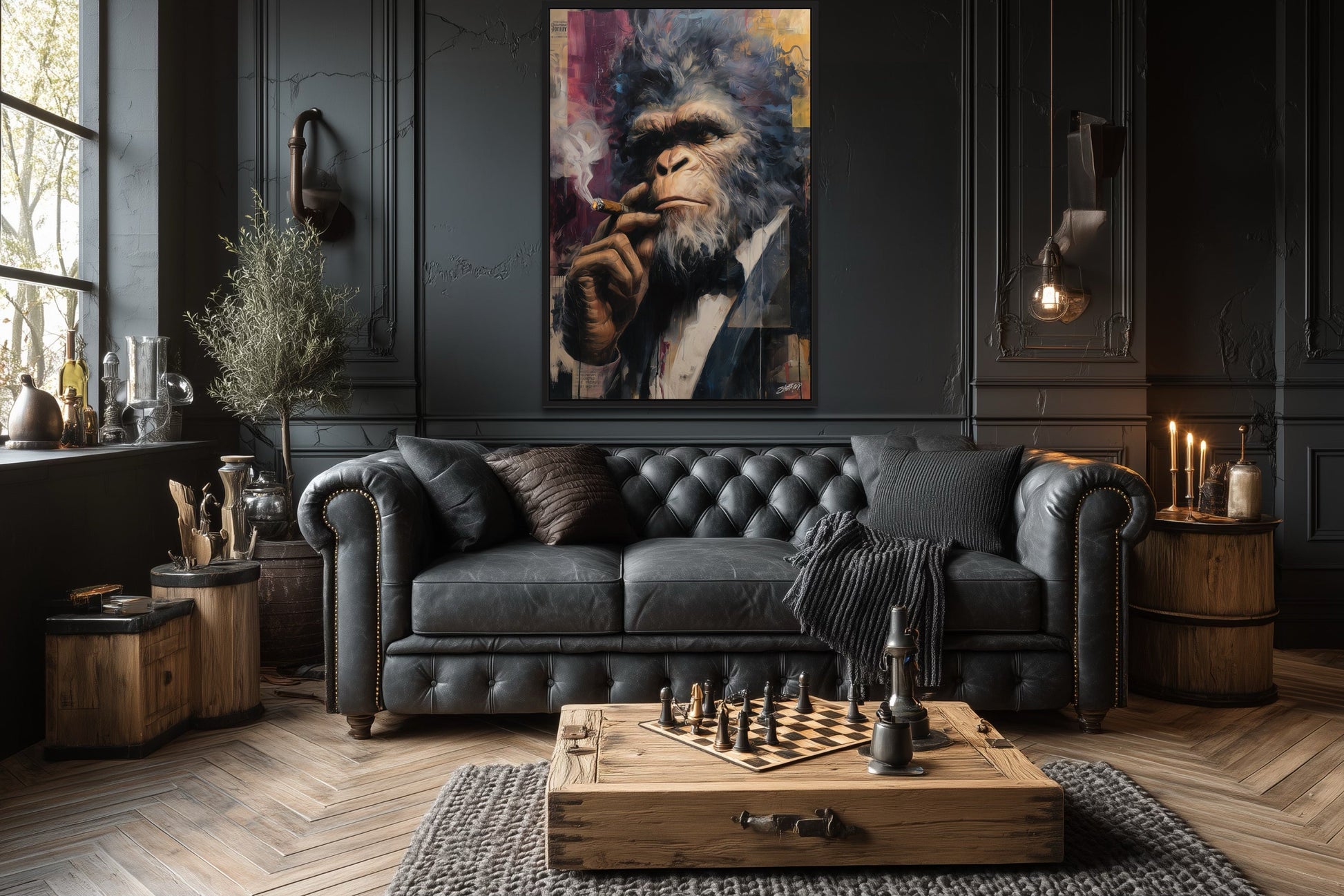 Bigfoot Smoking Cigar Framed Canvas Wall Art For Mens Office or Cigar Room