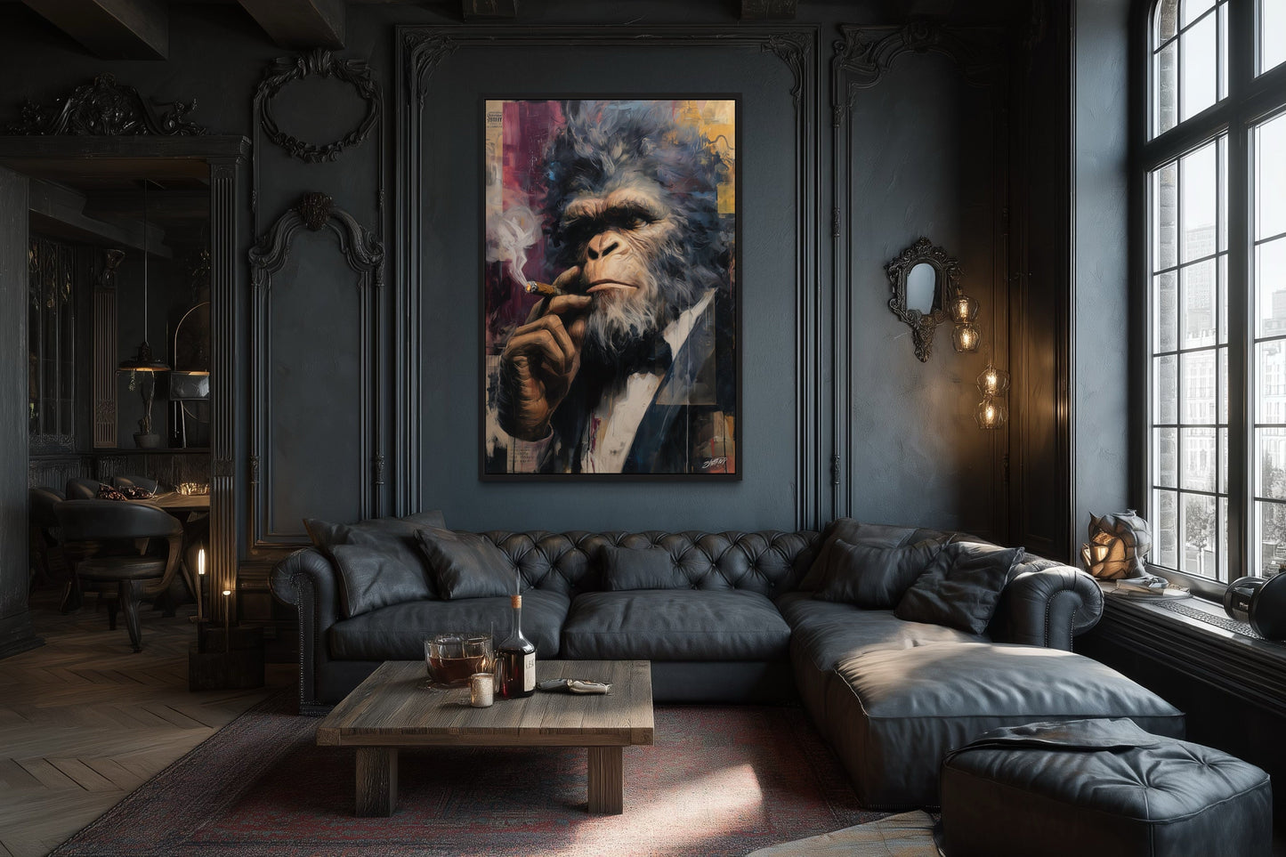 Bigfoot Smoking Cigar Framed Canvas Wall Art For Mens Office or Cigar Room