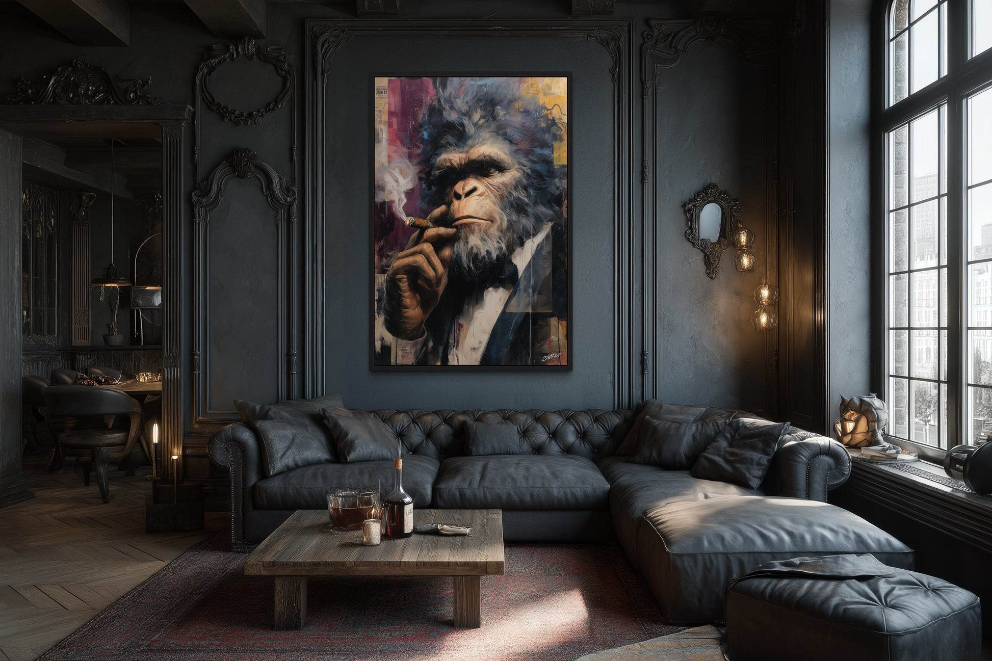 Bigfoot Smoking Cigar Framed Canvas Wall Art For Mens Office or Cigar Room