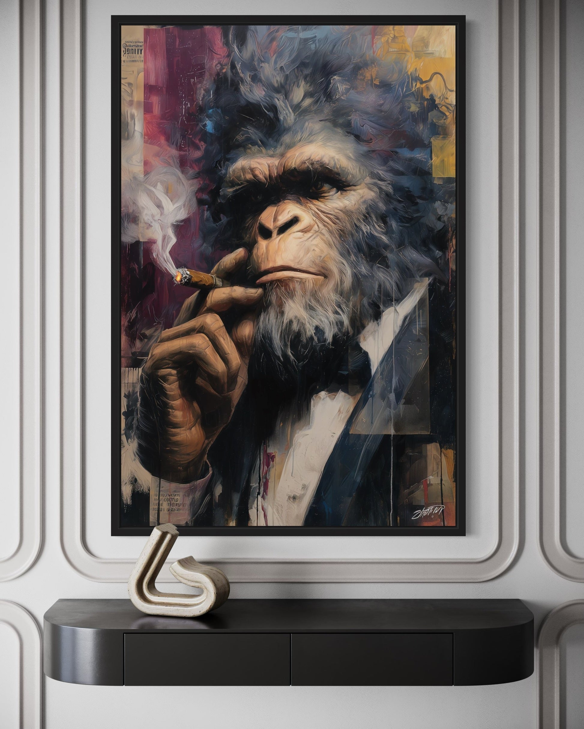 Bigfoot Smoking Cigar Framed Canvas Wall Art For Mens Office or Cigar Room