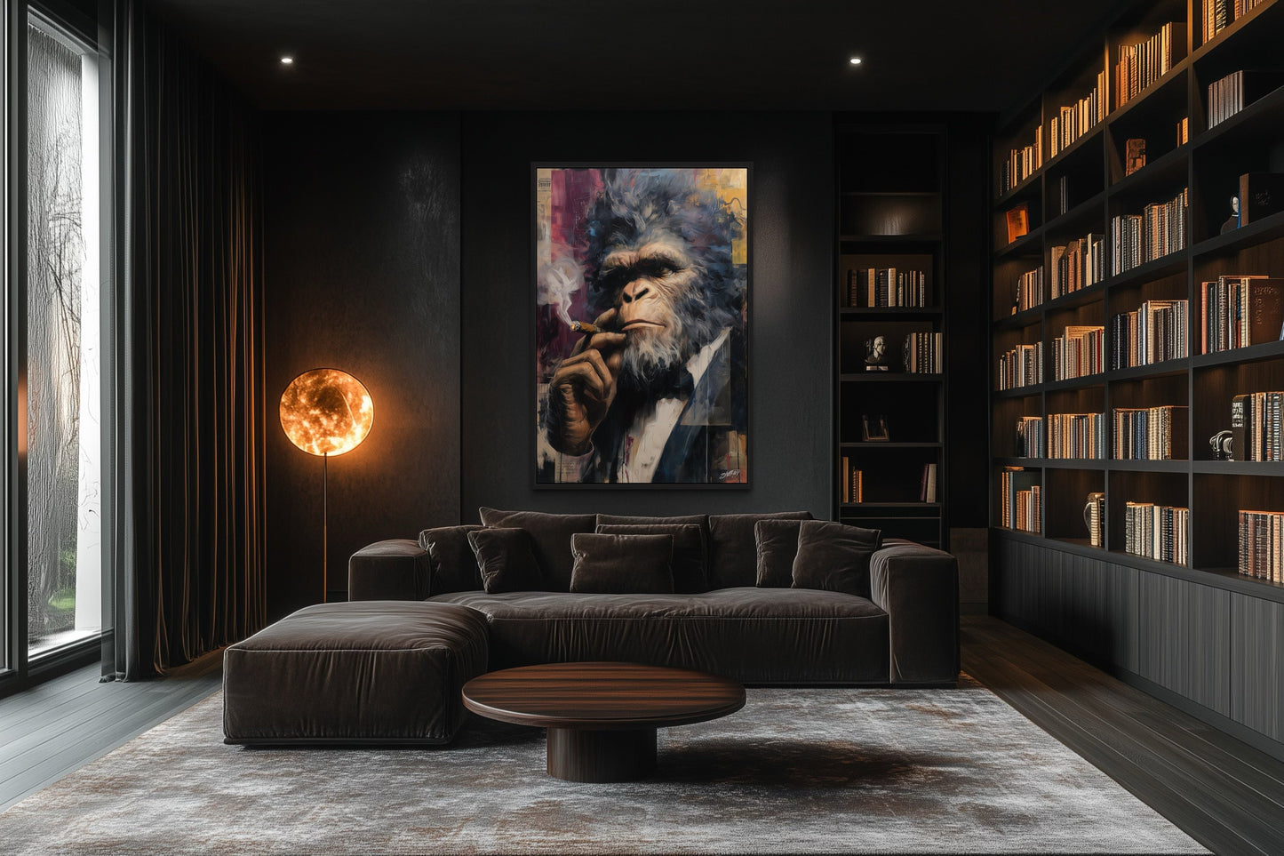 Bigfoot Smoking Cigar Framed Canvas Wall Art For Mens Office or Cigar Room