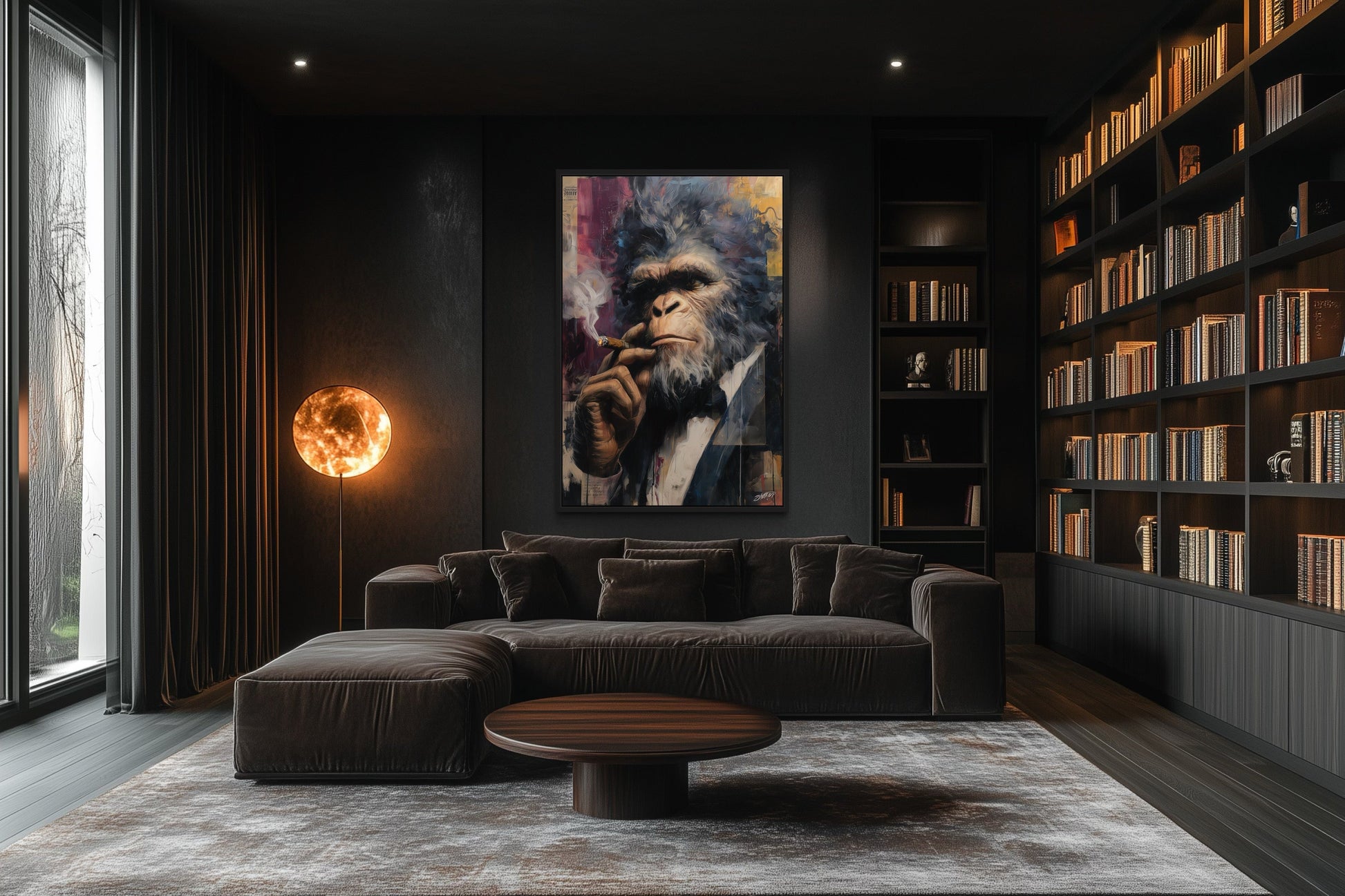 Bigfoot Smoking Cigar Framed Canvas Wall Art For Mens Office or Cigar Room