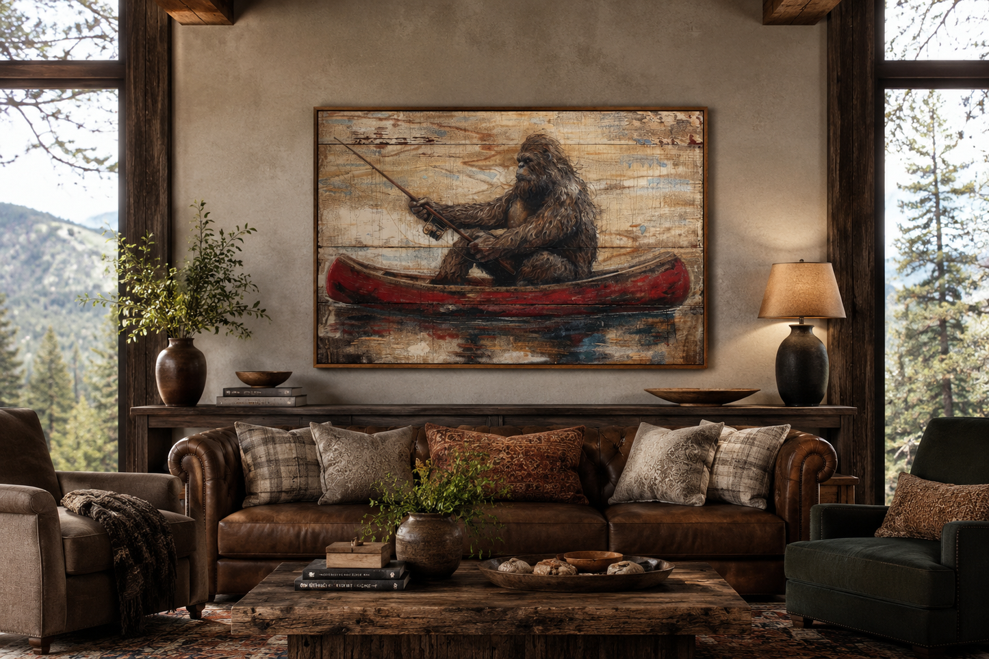 Bigfoot In Canoe Rustic Framed Canvas Wall Art For Cabin Or Man Cave Decor
