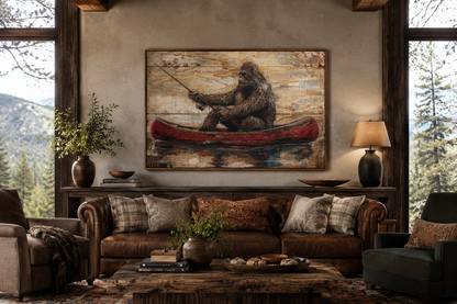 Bigfoot In Canoe Rustic Framed Canvas Wall Art For Cabin Or Man Cave Decor