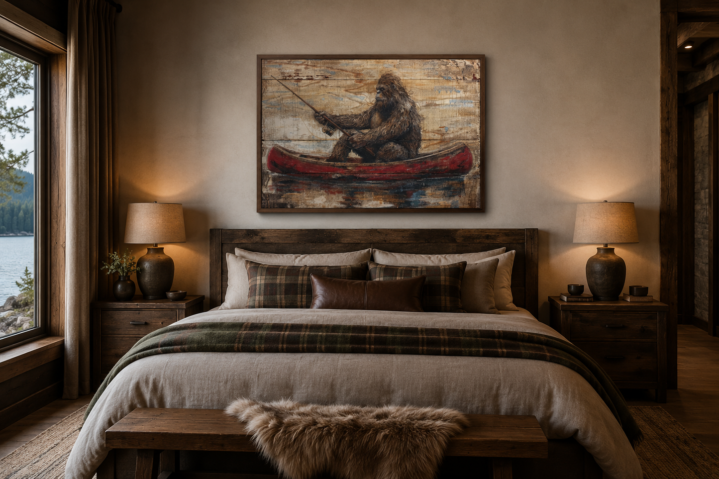 Bigfoot In Canoe Rustic Framed Canvas Wall Art For Cabin Or Man Cave Decor