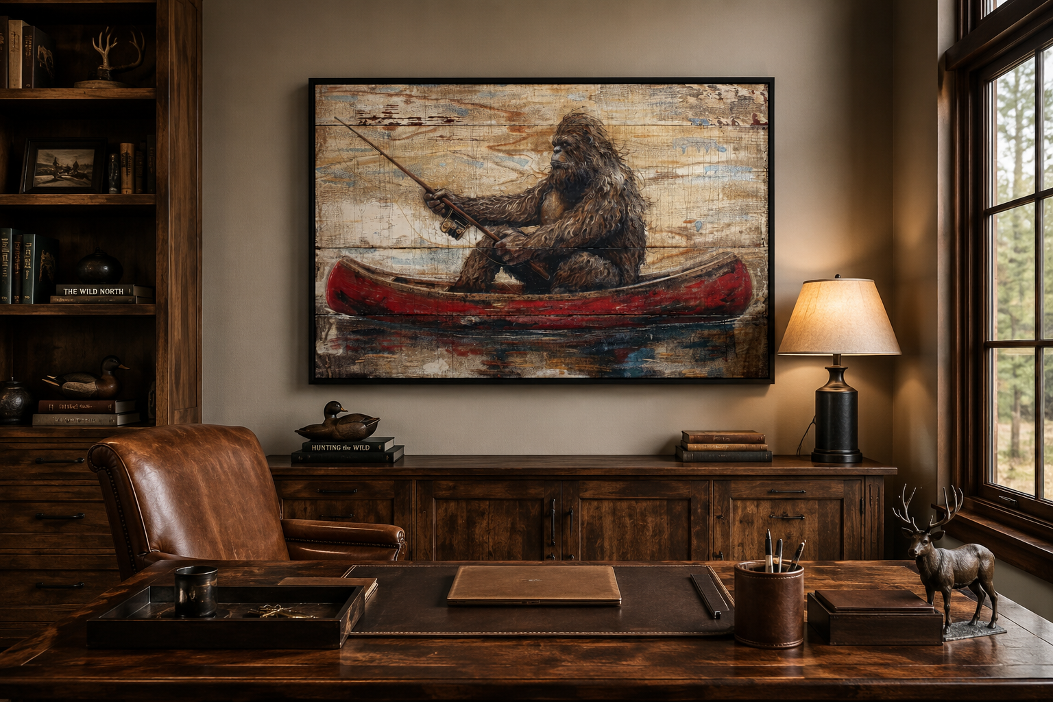 Bigfoot In Canoe Rustic Framed Canvas Wall Art For Cabin Or Man Cave Decor