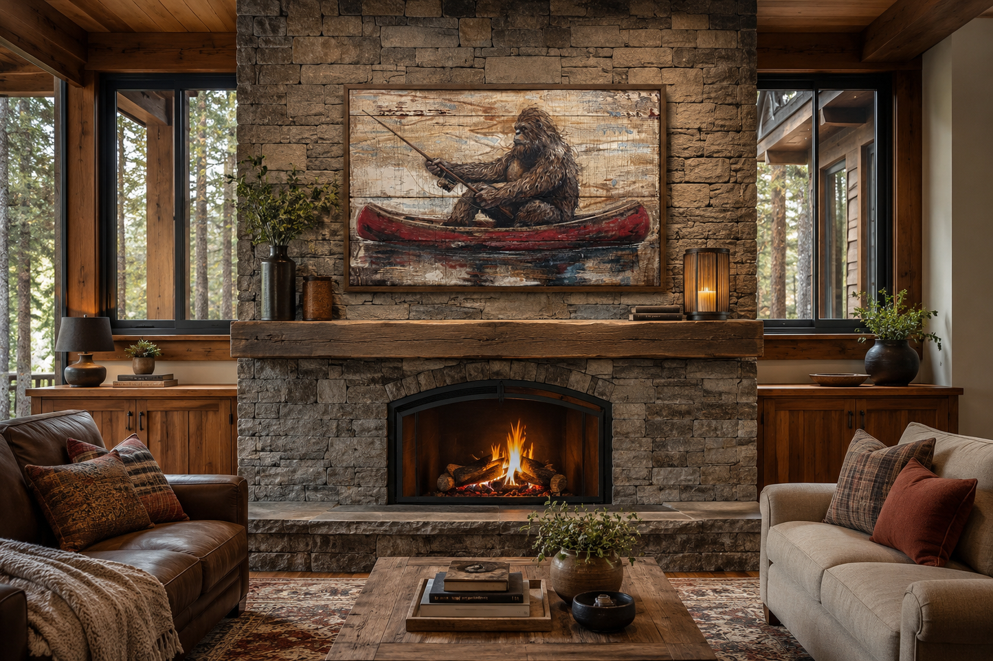 Bigfoot In Canoe Rustic Framed Canvas Wall Art For Cabin Or Man Cave Decor