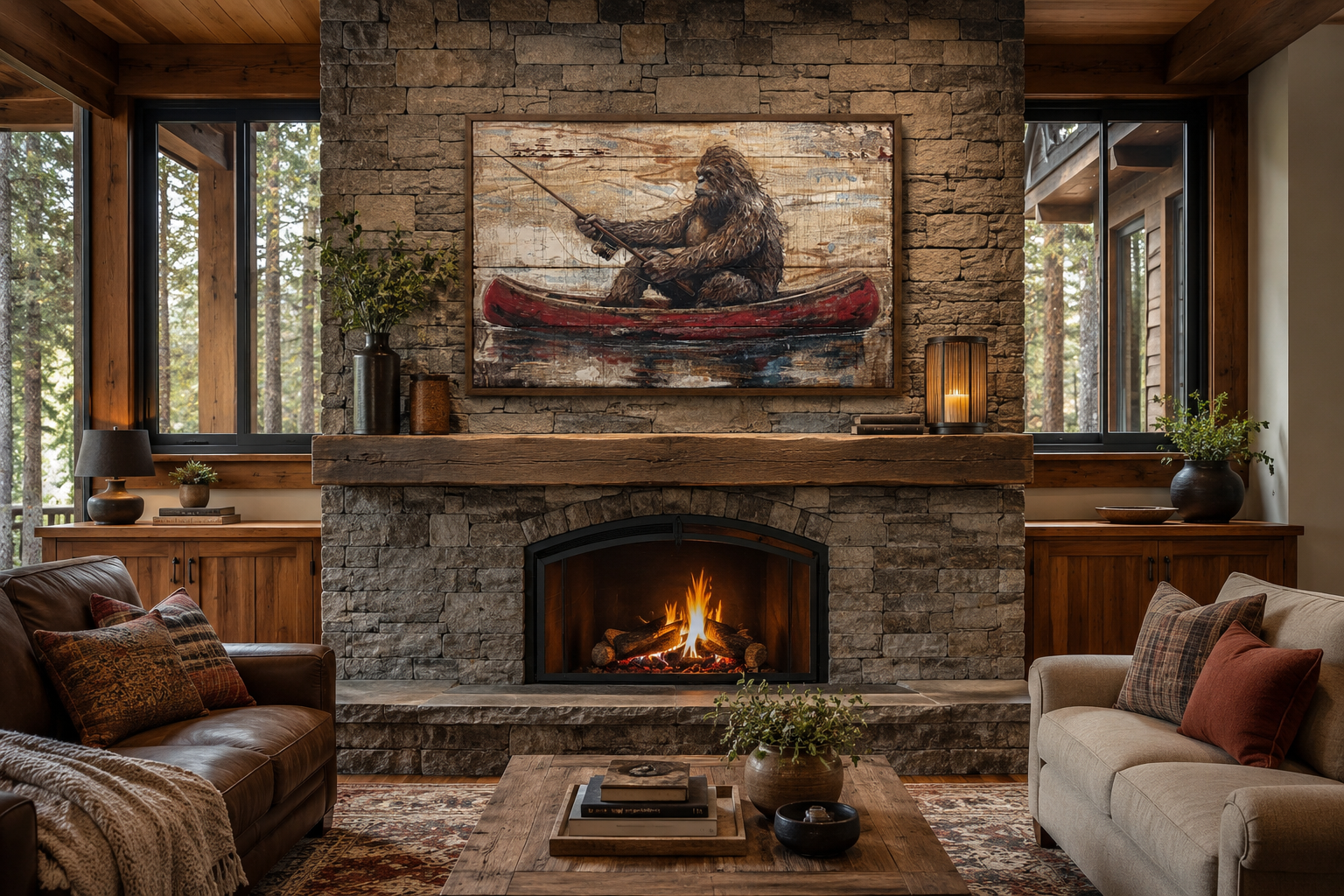 Bigfoot In Canoe Rustic Framed Canvas Wall Art For Cabin Or Man Cave Decor