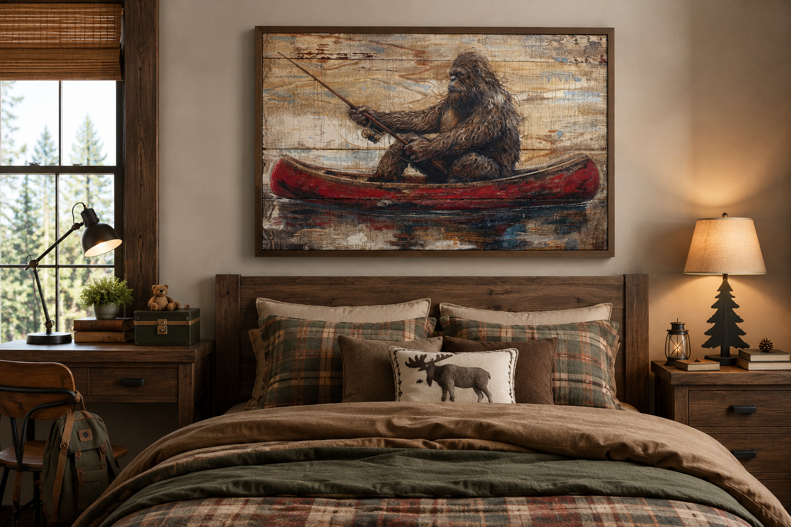 Bigfoot In Canoe Rustic Framed Canvas Wall Art For Cabin Or Man Cave Decor